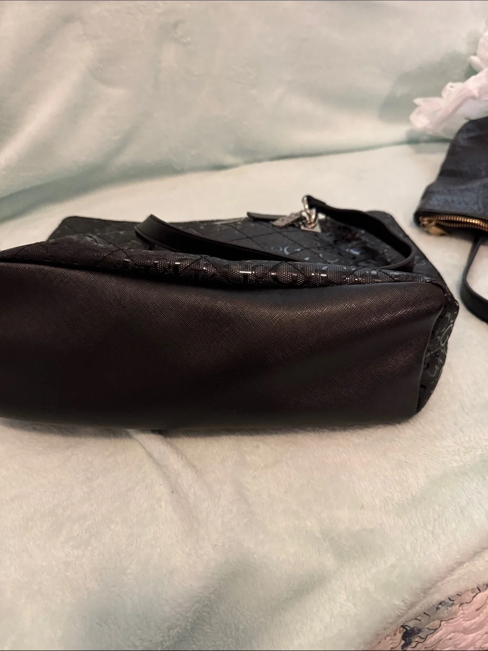 Guess Black Quilted Logo Patent Tote
